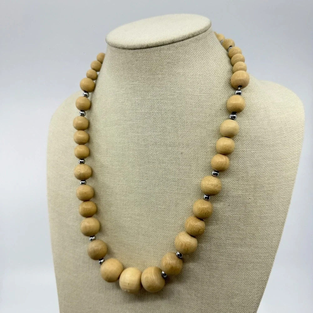 Natural Wood Bead Necklace Silver Tone Spacers Chunky Boho Statement Jewelry